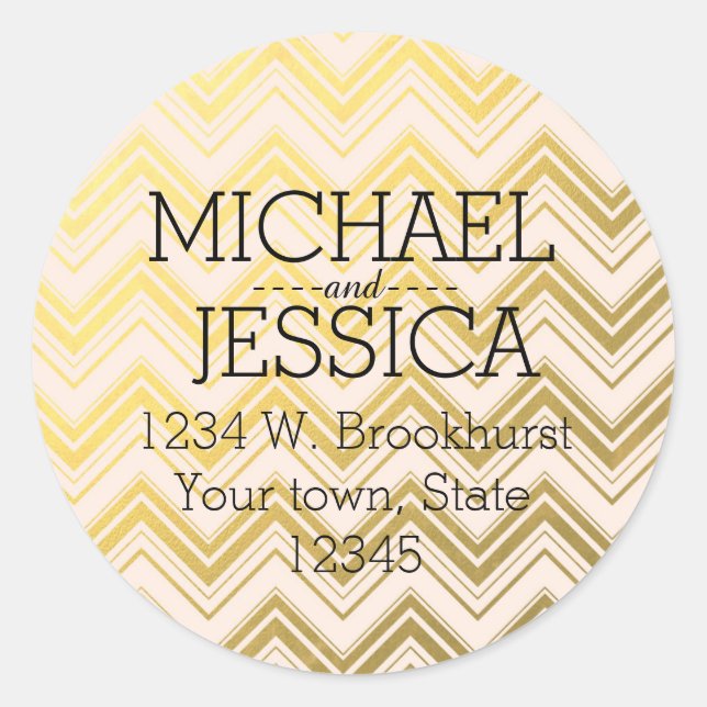 Gold Pink Chevron Personalized address Classic Round Sticker (Front)