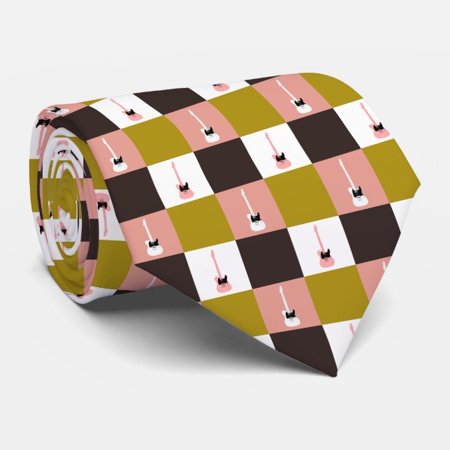 Gold Pink Chocolate Ivory Pink White Guitars Neck Tie (Rolled)