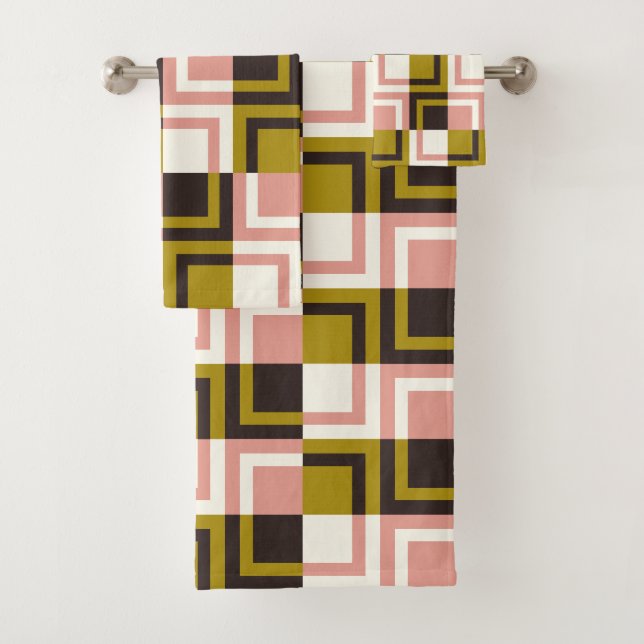 Gold Pink Chocolate Ivory Plaid  Bath Towel Set (Insitu)