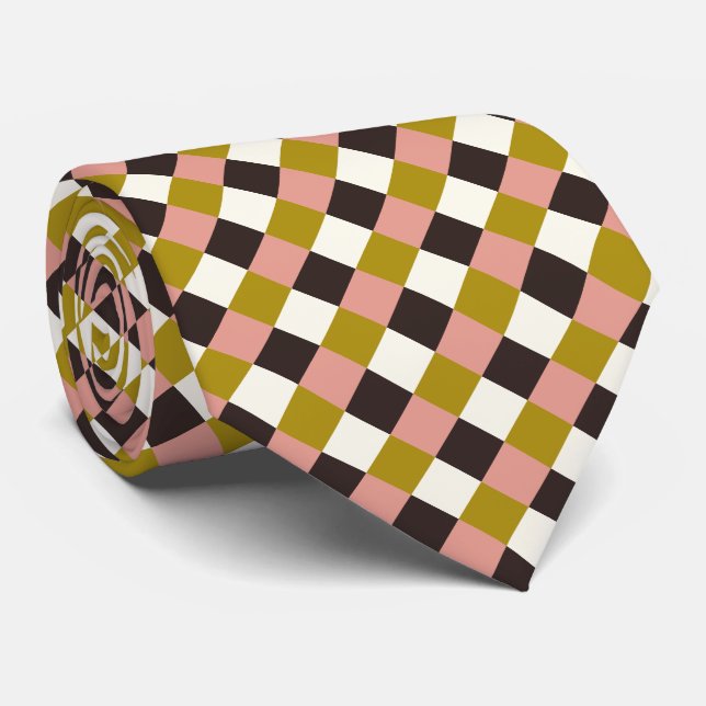 Gold Pink Chocolate Ivory Plaid Neck Tie (Rolled)