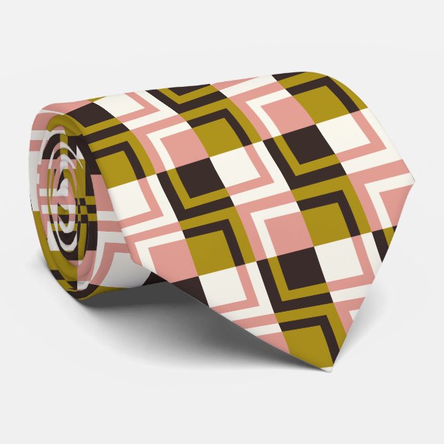 Gold Pink Chocolate Ivory Plaid  Neck Tie (Rolled)