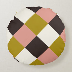 Gold Pink Chocolate Ivory Plaid Round Pillow