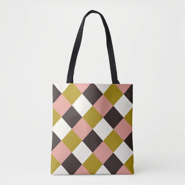 Gold Pink Chocolate Ivory Plaid Tote Bag (Front)