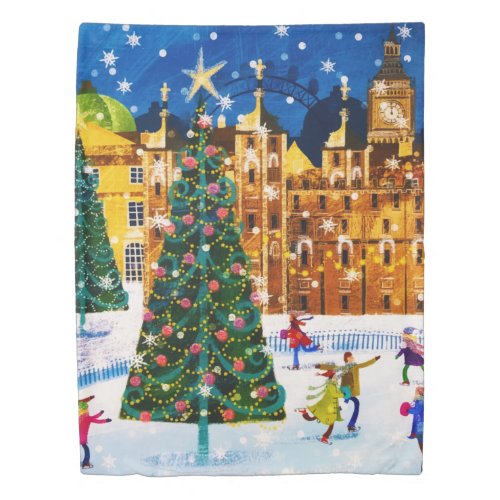 Gold Pink Christmas Winter Ice Skating  Duvet Cover