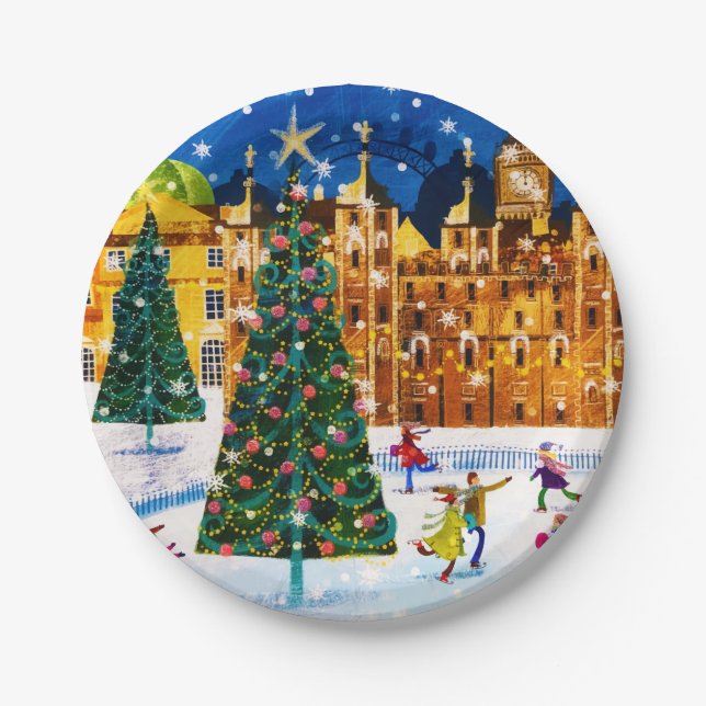Gold Pink Christmas Winter Ice Skating  Paper Plates (Front)
