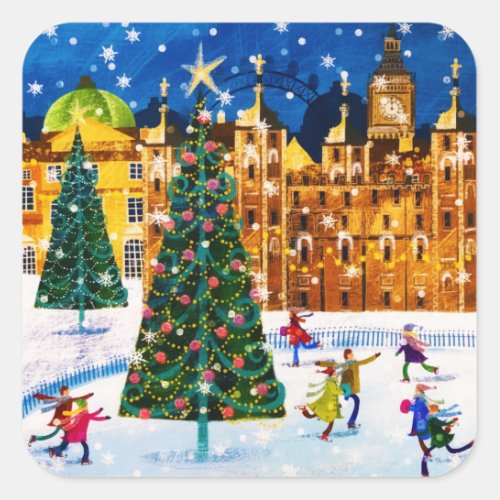 Gold Pink Christmas Winter Ice Skating  Square Sticker