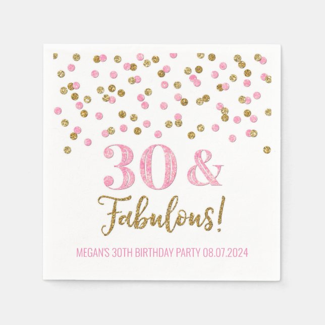 Gold Pink Confetti 30 & Fabulous  Napkins (Front)