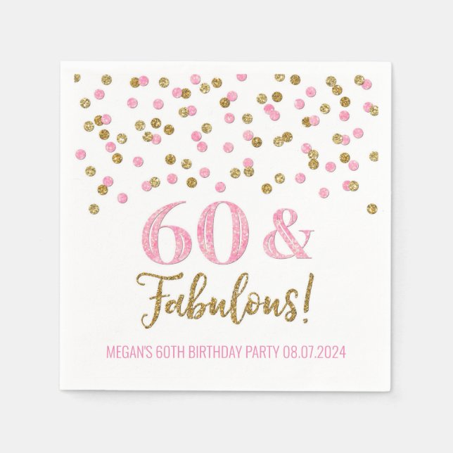Gold Pink Confetti 60 & Fabulous  Napkins (Front)