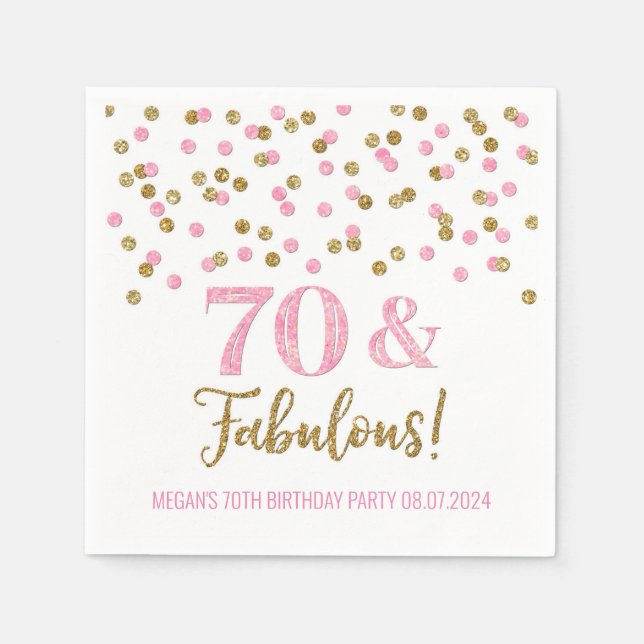 Gold Pink Confetti 70 & Fabulous Napkins (Front)