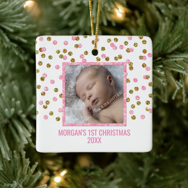 Gold Pink Confetti Baby's First Christmas Photo Ceramic Ornament (Tree)