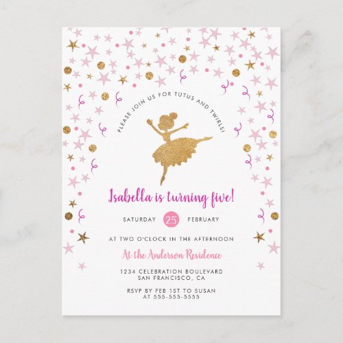 Gold  Pink Confetti Ballerina Birthday Invitation