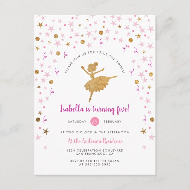 Gold & Pink Confetti Ballerina Birthday Invitation (Front)