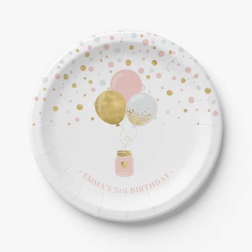 Gold  Pink Confetti Balloons 1st Birthday Paper Plates