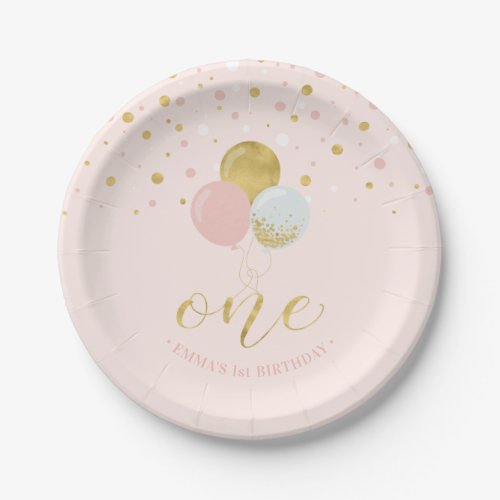 Gold  Pink Confetti Balloons 1st Birthday Party  Paper Plates