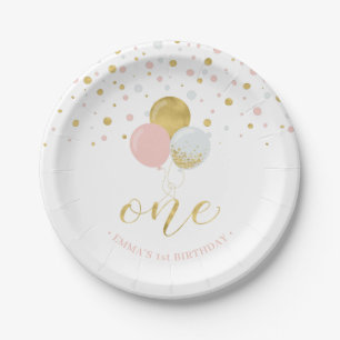 Gold & Pink Confetti, Balloons 1st Birthday Party Paper Plates