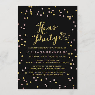 Gold & Pink Confetti Black Hens Party Invitation