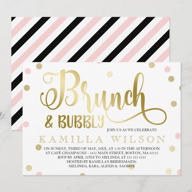 Gold & Pink Confetti Brunch & Bubbly Bridal Shower Invitation (Front/Back)