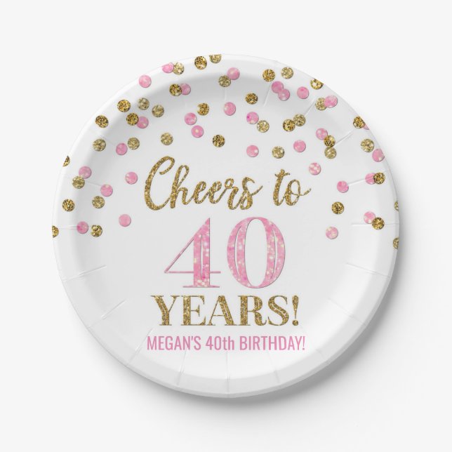 Gold Pink Confetti Cheers to 40 Years Birthday Paper Plates (Front)