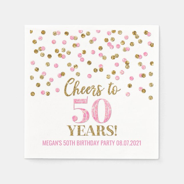 Gold Pink Confetti Cheers to 50 Years Birthday Napkins (Front)