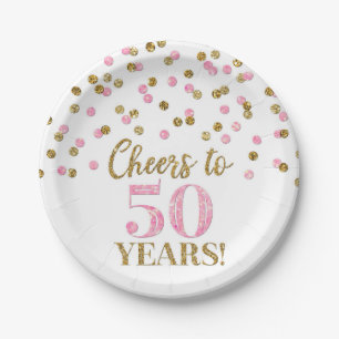 Gold Pink Confetti Cheers to 50 Years Birthday Paper Plates