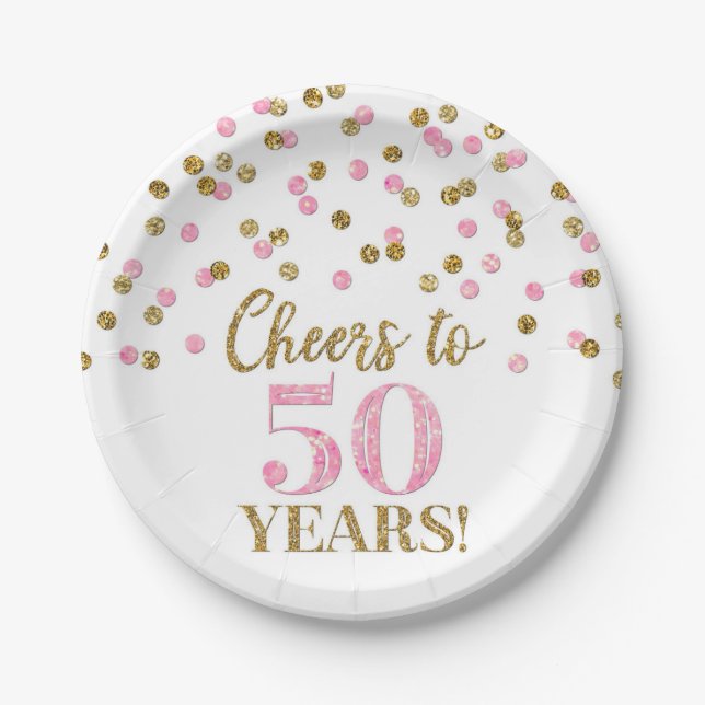 Gold Pink Confetti Cheers to 50 Years Birthday Paper Plates (Front)