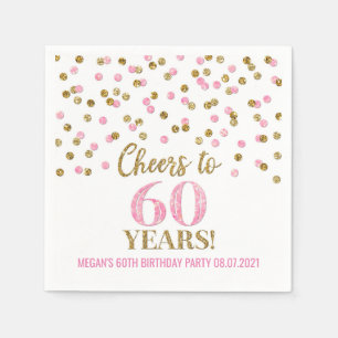 Gold Pink Confetti Cheers to 60 Years Birthday Napkins