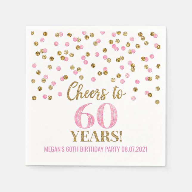 Gold Pink Confetti Cheers to 60 Years Birthday Napkins (Front)