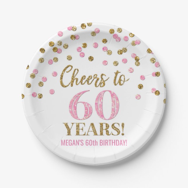 Gold Pink Confetti Cheers to 60 Years Birthday Paper Plates (Front)