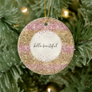 Gold Pink Confetti Glitter Personalized Ceramic Ornament