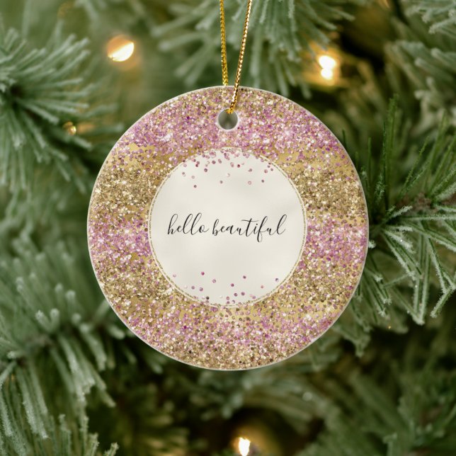 Gold Pink Confetti Glitter Personalized      Ceramic Ornament (Tree)