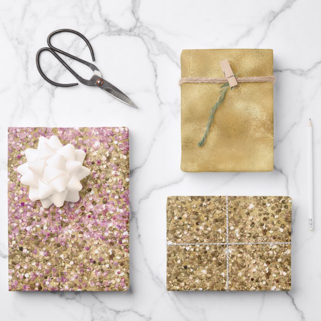 Gold Pink Confetti Glitter   Wrapping Paper Sheets (Front)