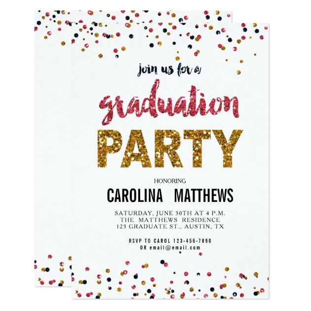 Gold Pink Confetti Graduation Party Invitation