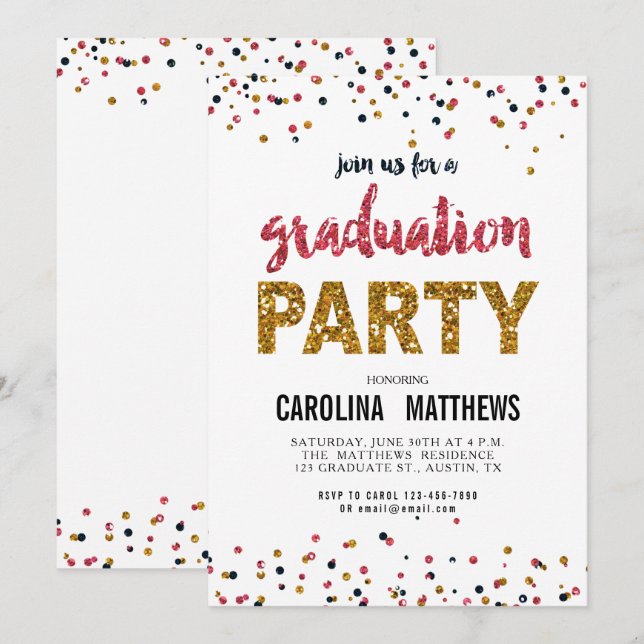 Gold Pink Confetti Graduation Party Invitation (Front/Back)