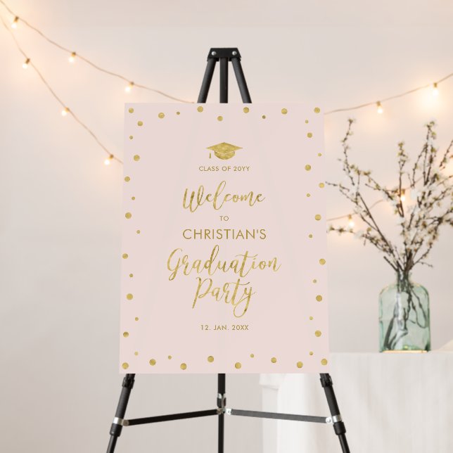Gold & Pink Confetti Graduation Party Welcome Foam Board (In Situ (Stand))