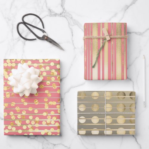 Gold pink confetti stripes elegant formal pattern wrapping paper sheets