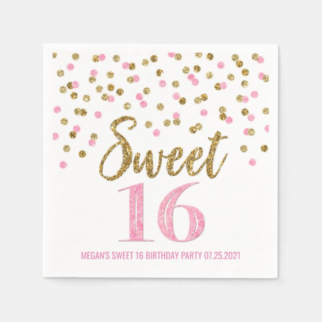 Gold Pink Confetti Sweet 16 Birthday Napkins (Front)