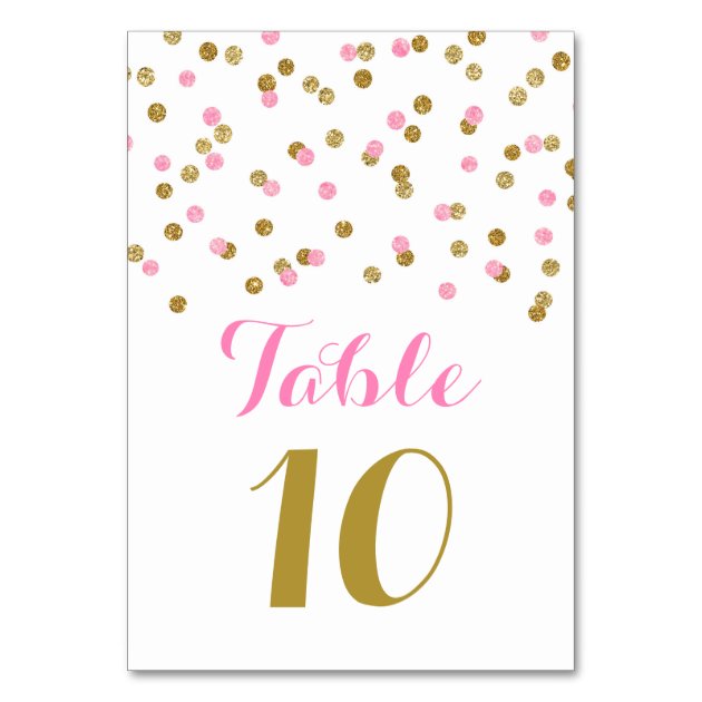 Gold Pink Confetti Wedding Table Number Cards
