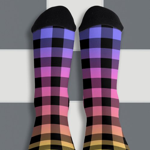 Gold Pink Coral Periwinkle Gradient Buffalo Plaid Socks