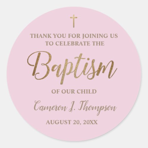 Gold Pink Custom Baby Girl baptism thank you Classic Round Sticker