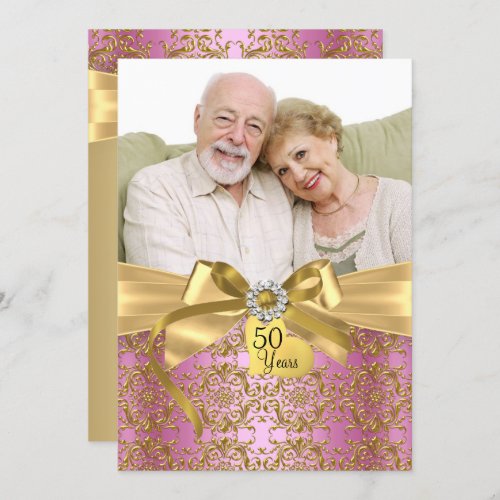 Gold Pink Damask  Bow Photo 50th Anniversary Invitation