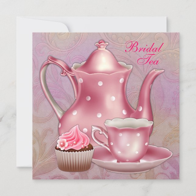 Gold Pink Damask Bridal Tea Party Invitation (Front)