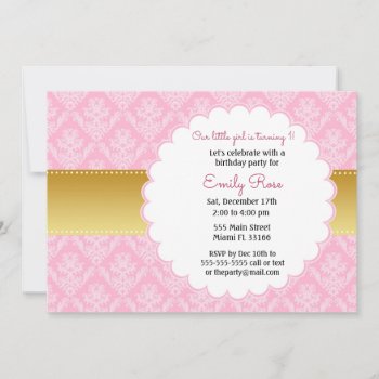 Gold Pink Damask Kids Birthday Invitation by pinkthecatdesign at Zazzle