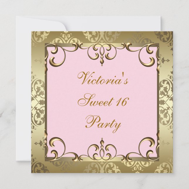 Gold Pink Damask Sweet 16 Birthday Party Invitation (Front)
