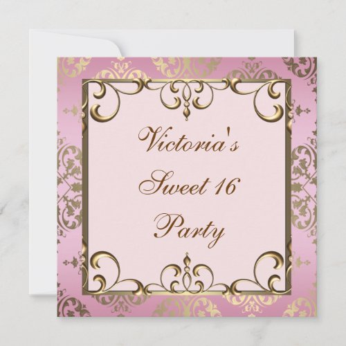 Gold Pink Damask Sweet 16 Birthday Party Custom Invites