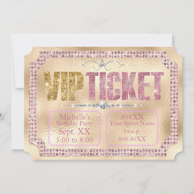 Gold & Pink Diamonds Glamorous Ticket Invitation (Front)