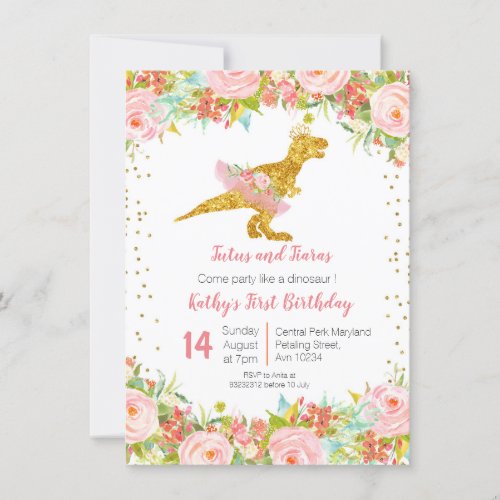 Gold Pink Dinosaur First Birthday Invitation