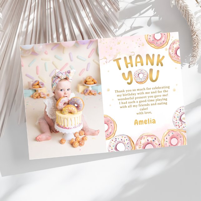 Gold Pink Donut Girl Birthday Photo Thank You Card (Creator Uploaded)