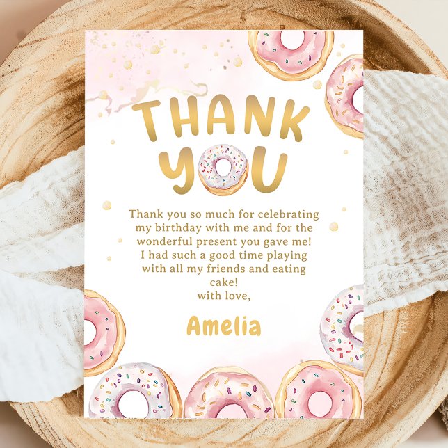 Gold Pink Donut Girl Birthday Thank You Card (Creator Uploaded)
