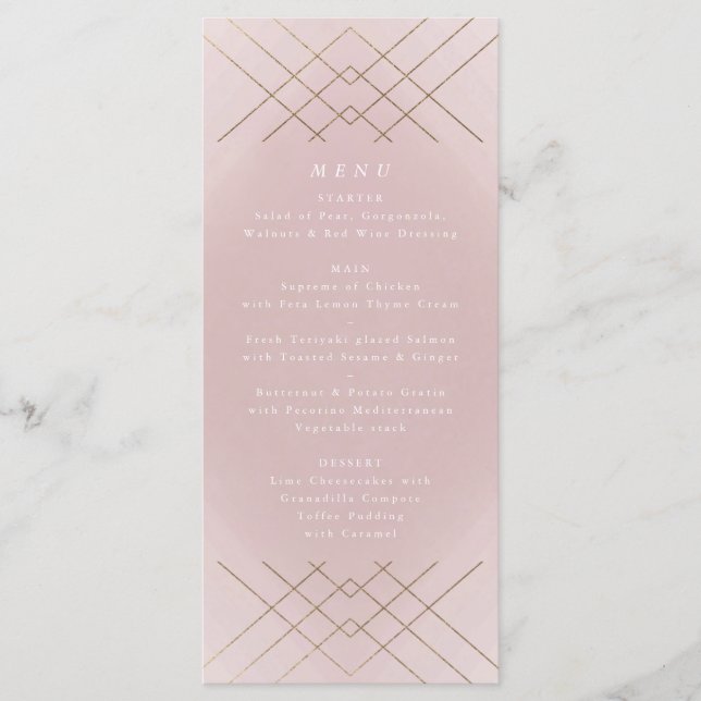 Gold Pink Elegance Diamond Geo Deco Wedding Menu (Front)