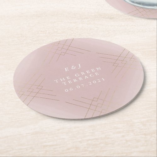 Gold Pink Elegance Diamond Geo Deco Wedding Round Paper Coaster